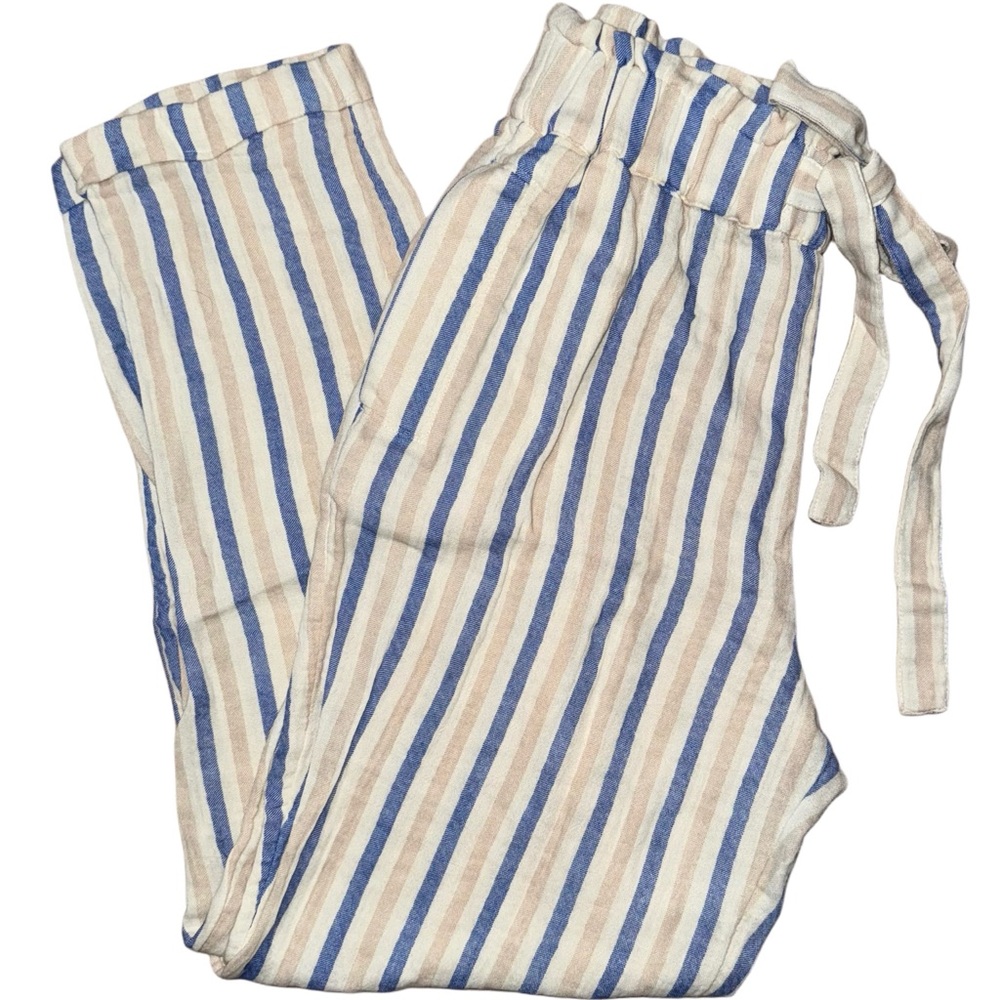 SO Striped High Rise Tapered Pants Blue Tan Small‎ Paperbag Waist